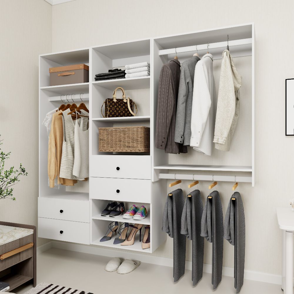 Freestanding White Wardrobe Closet with Spacious Shelves and Hanging Rods