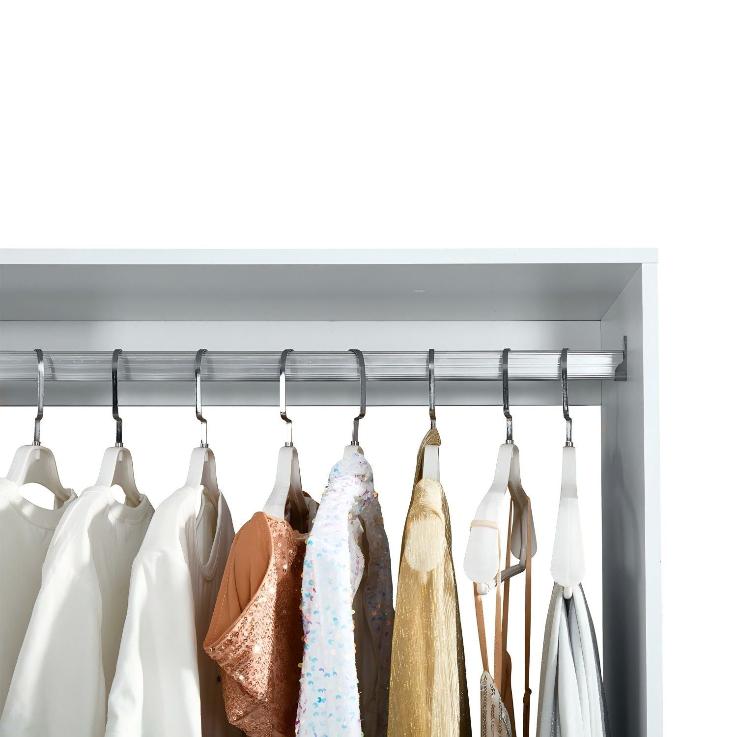 Freestanding White Wardrobe Closet with Spacious Shelves and Hanging Rods