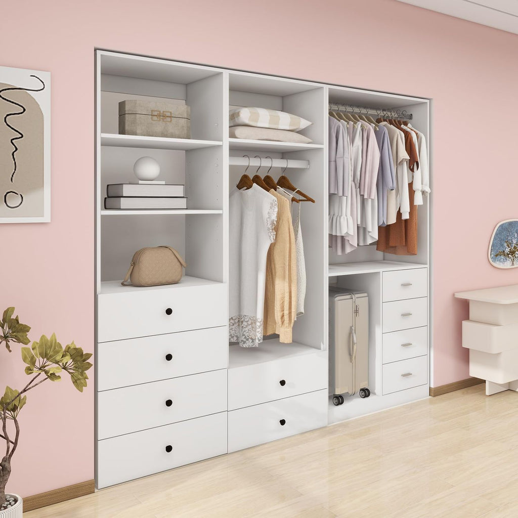 Freestanding White Wardrobe Closet with Spacious Shelves and Hanging Rods