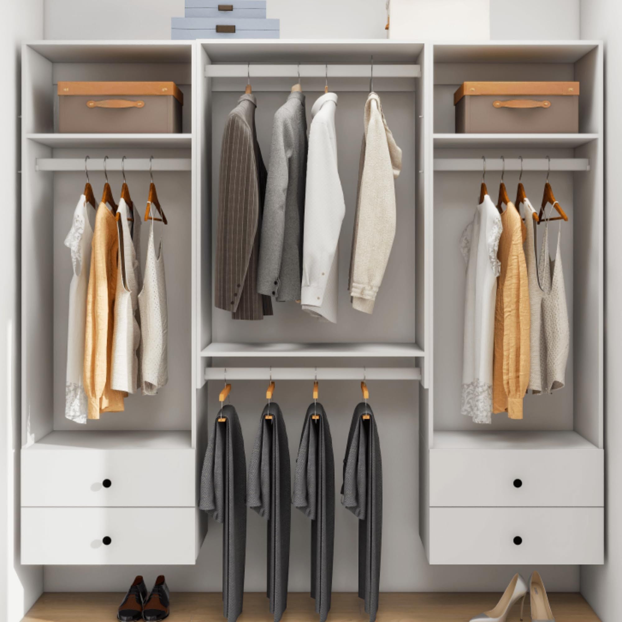 Freestanding White Wardrobe Closet with Spacious Shelves and Hanging Rods