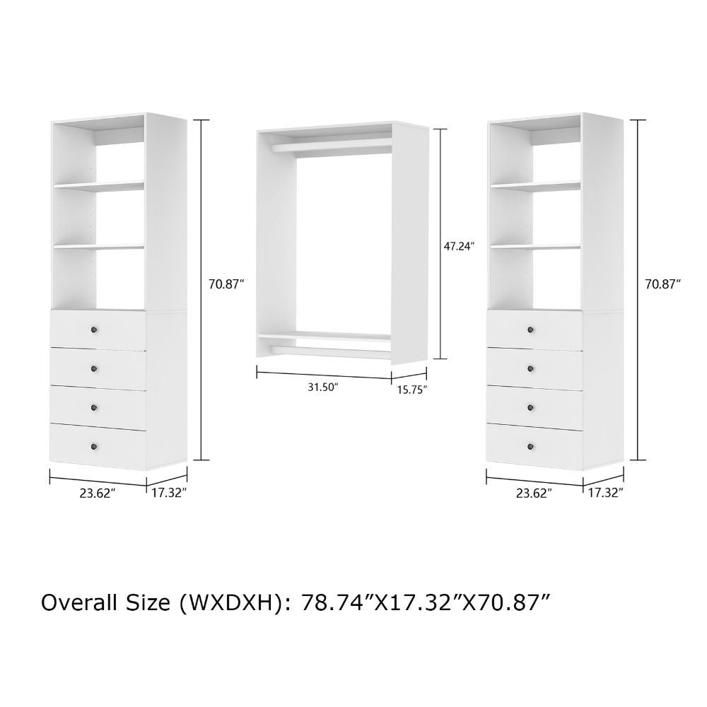 Freestanding White Wardrobe Closet with Spacious Shelves and Hanging Rods