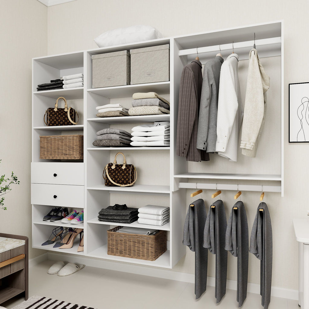Freestanding White Wardrobe Closet with Spacious Shelves and Hanging Rods