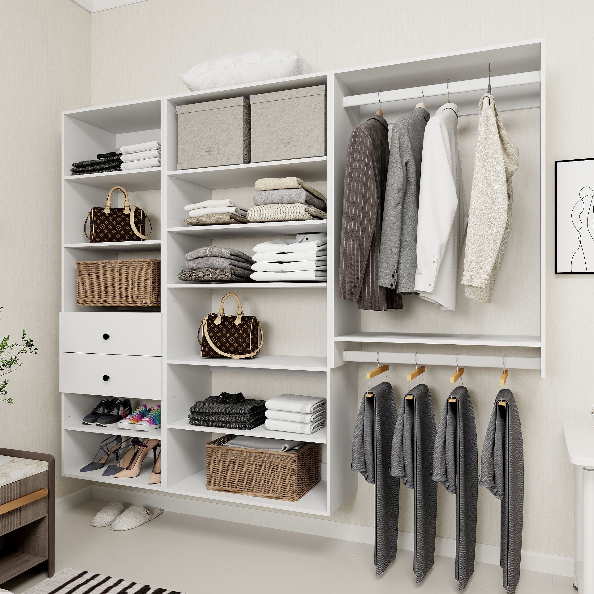 Freestanding White Wardrobe Closet with Spacious Shelves and Hanging Rods