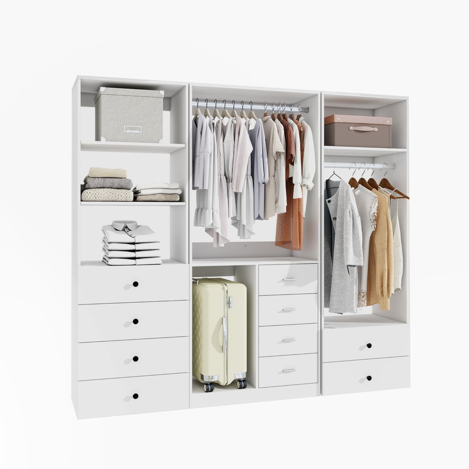 Freestanding White Wardrobe Closet with Spacious Shelves and Hanging Rods