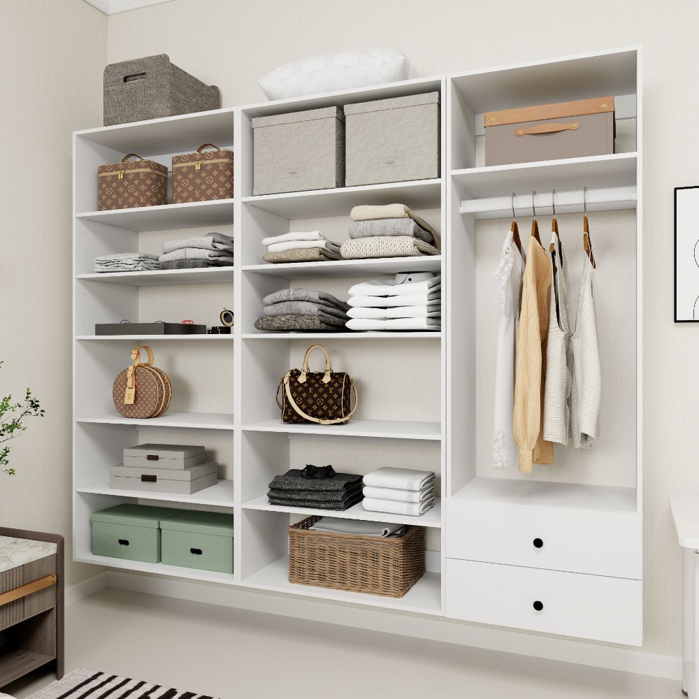 Freestanding White Wardrobe Closet with Spacious Shelves and Hanging Rods