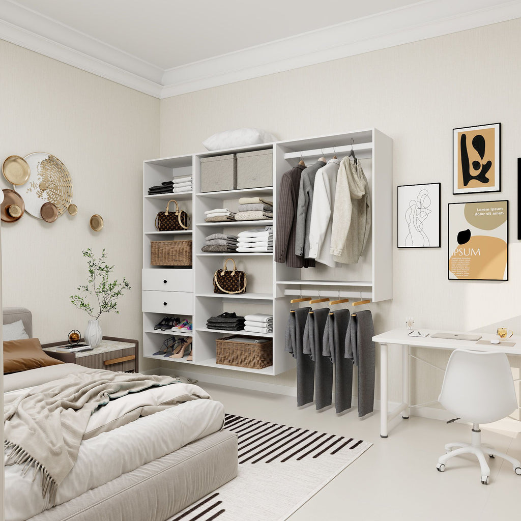 Freestanding White Wardrobe Closet with Spacious Shelves and Hanging Rods
