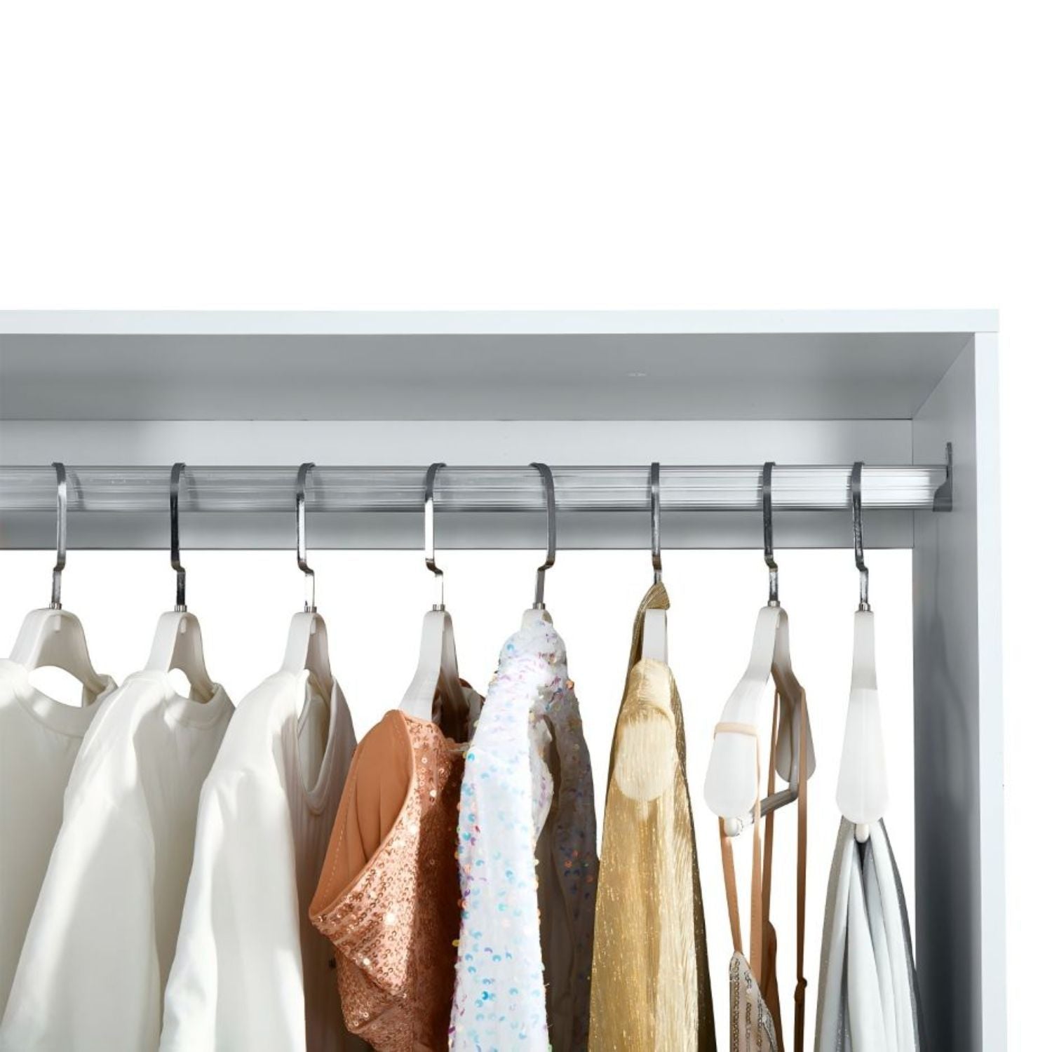 Freestanding White Wardrobe Closet with Spacious Shelves and Hanging Rods