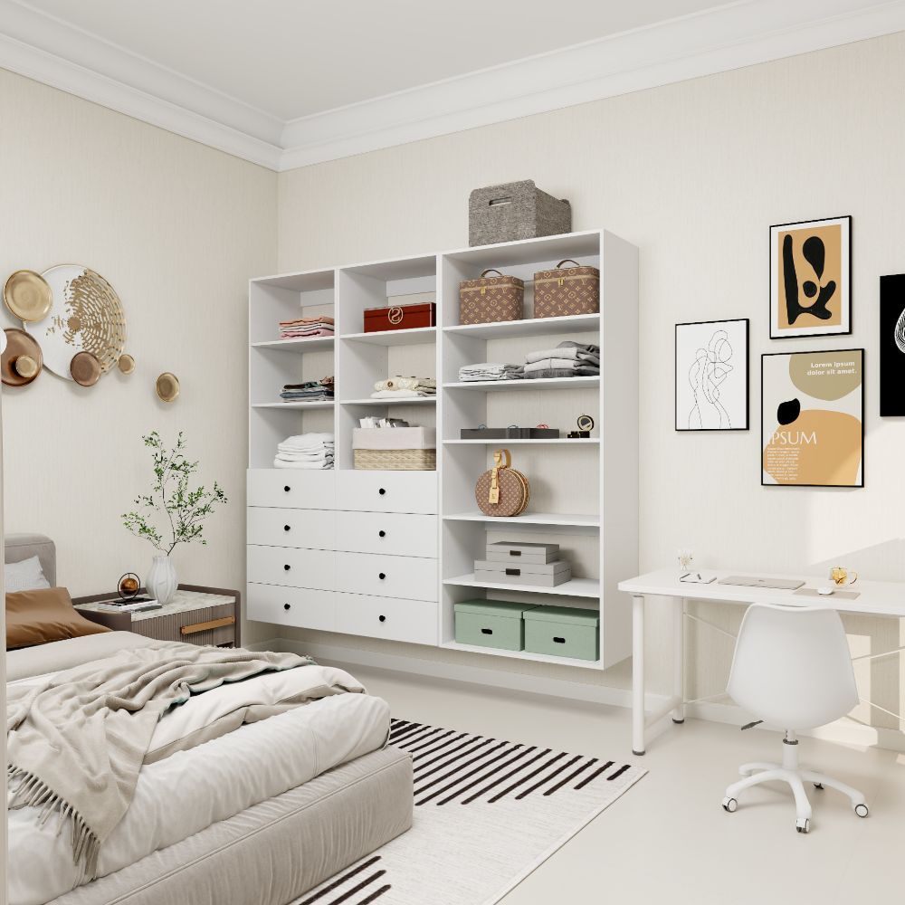 Freestanding White Wardrobe Closet with Spacious Shelves and Hanging Rods