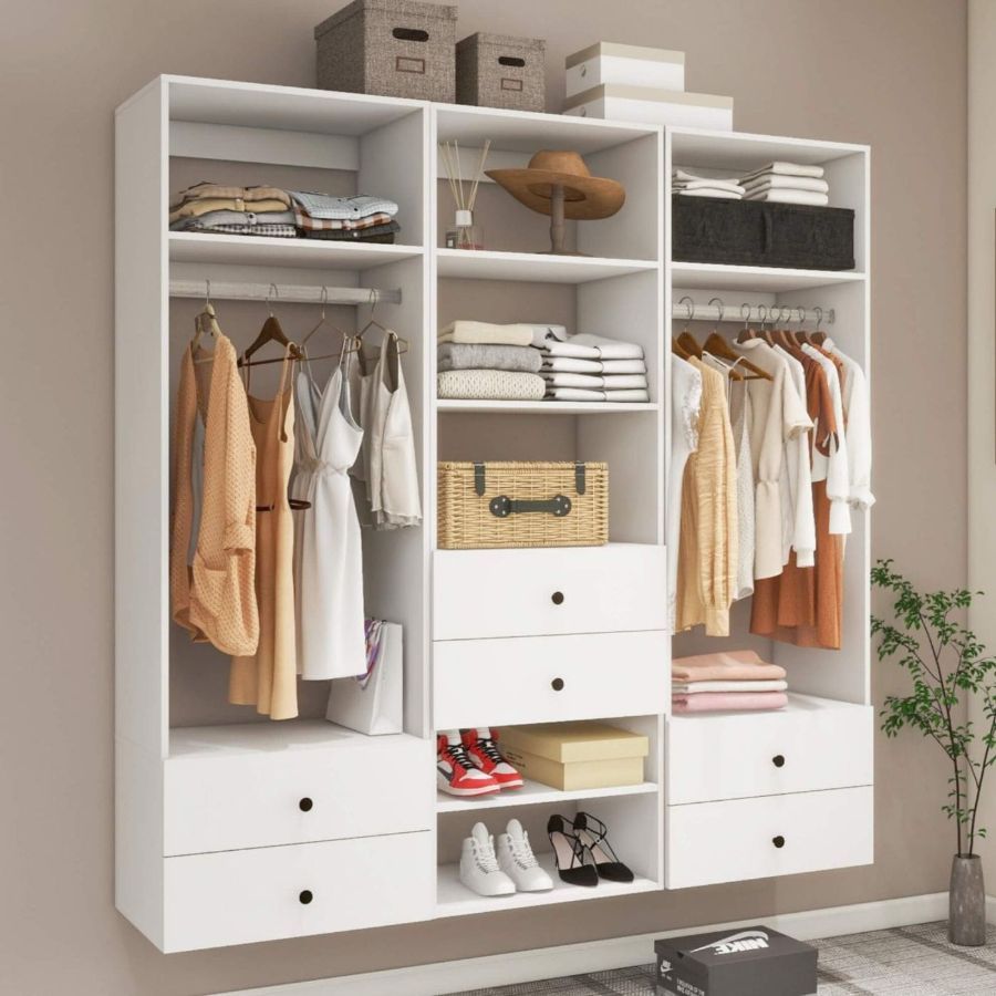 Freestanding White Wardrobe Closet with Spacious Shelves and Hanging Rods