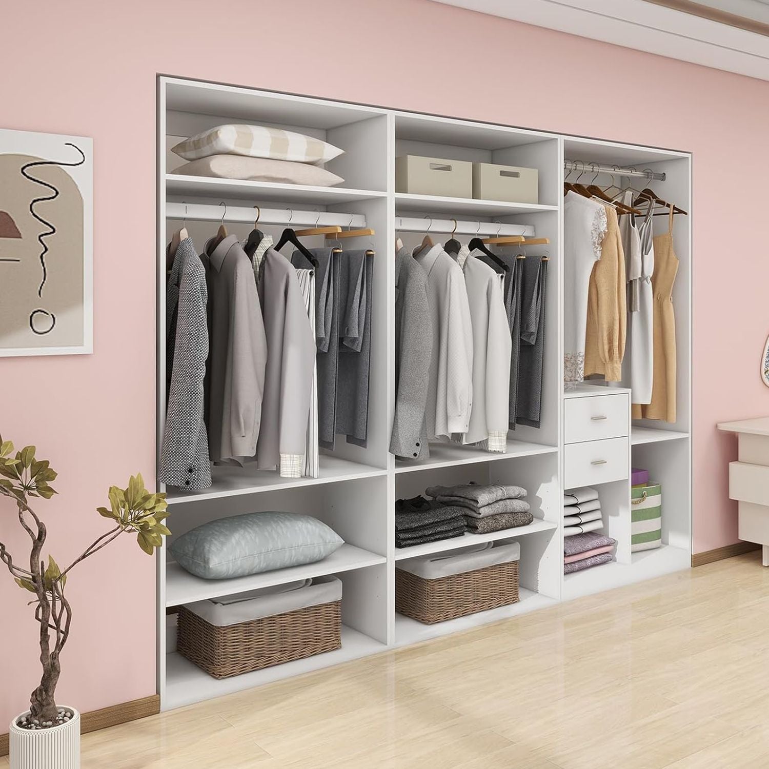Freestanding White Wardrobe Closet with Spacious Shelves and Hanging Rods