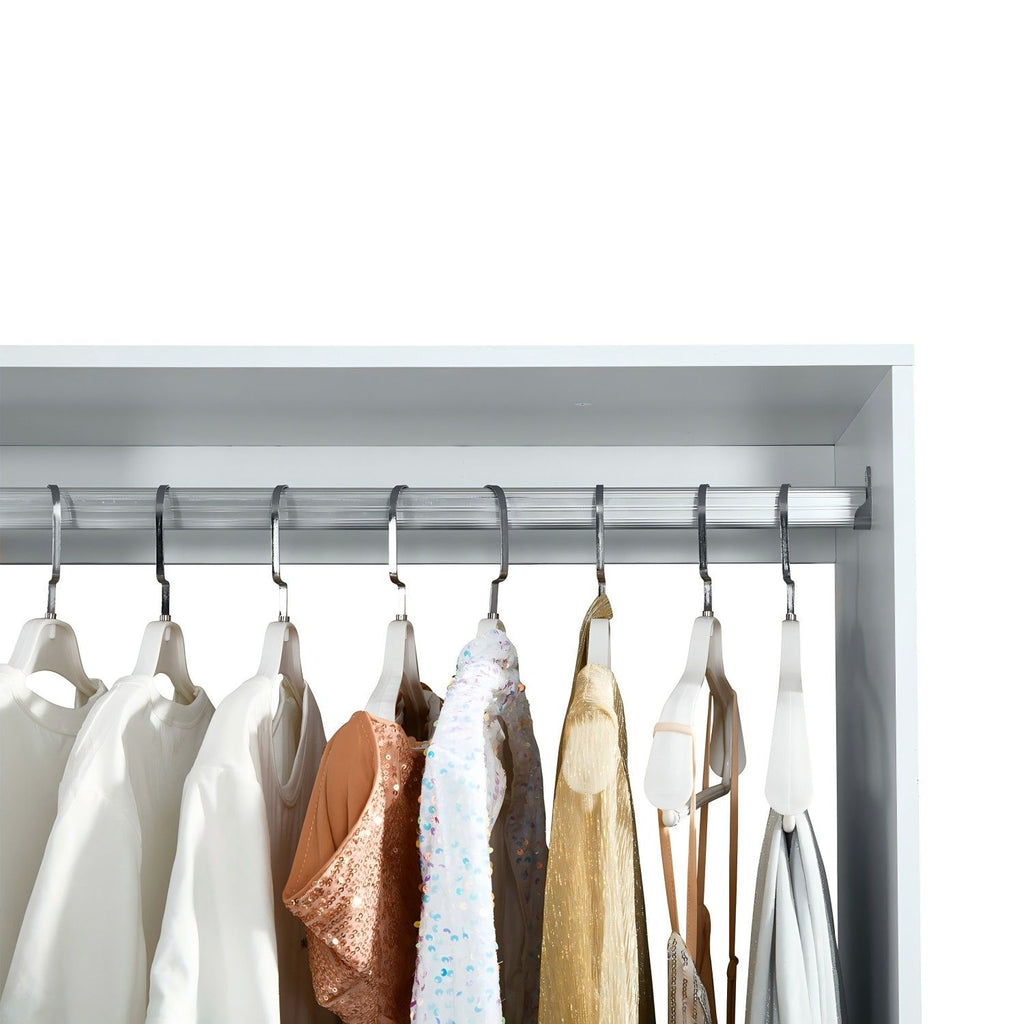 Freestanding White Wardrobe Closet with Spacious Shelves and Hanging Rods