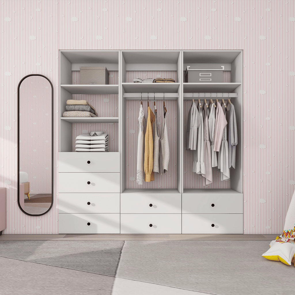 Freestanding White Wardrobe Closet with Spacious Shelves and Hanging Rods - A1A2A2