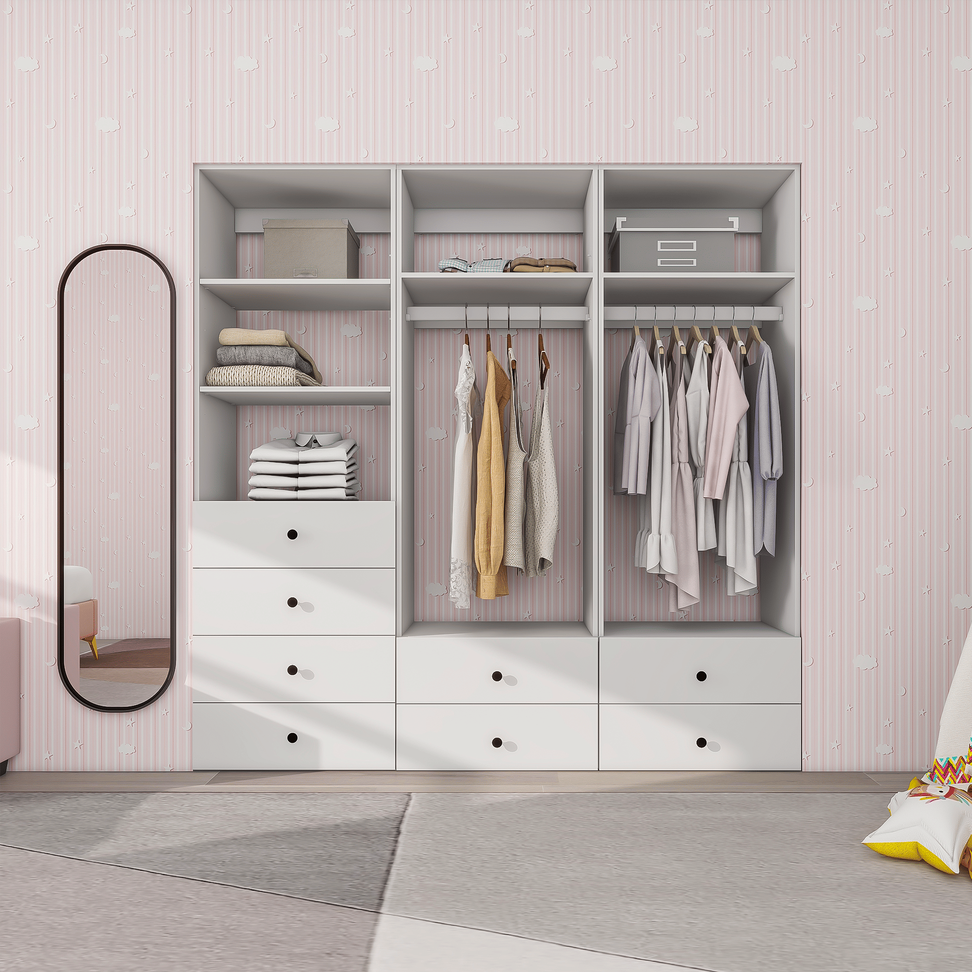 Freestanding White Wardrobe Closet with Spacious Shelves and Hanging Rods - A1A2A2