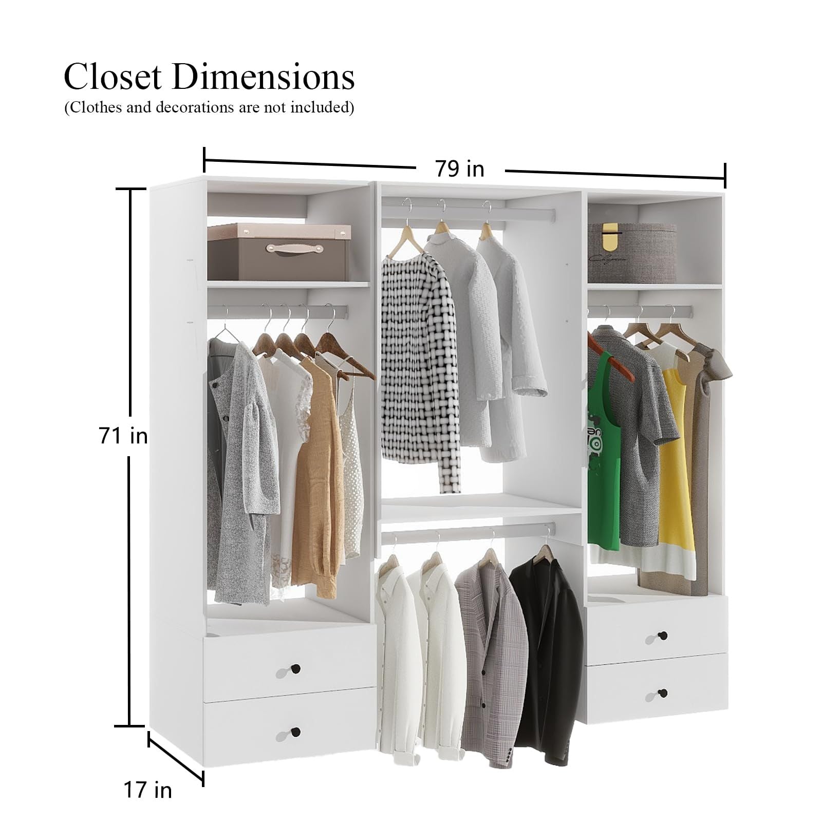 Freestanding White Wardrobe Closet with Spacious Shelves and Hanging Rods