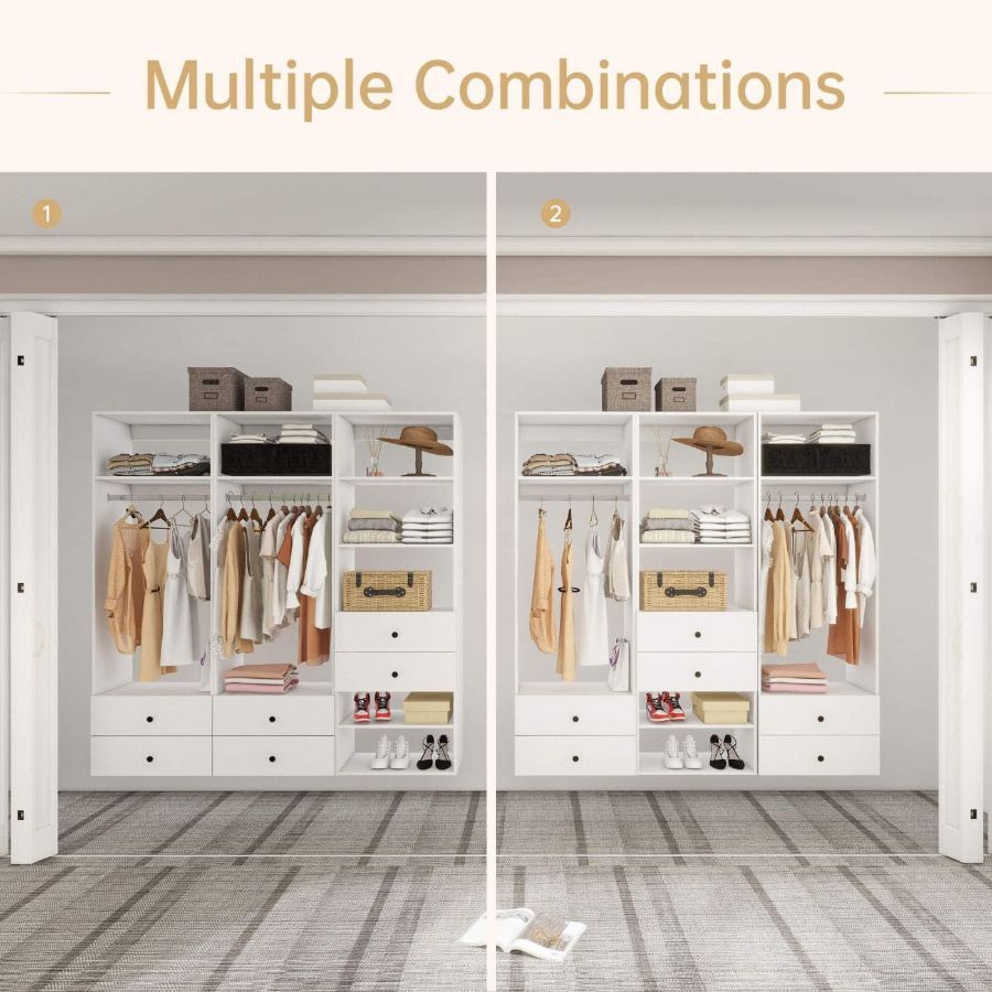 Freestanding White Wardrobe Closet with Spacious Shelves and Hanging Rods