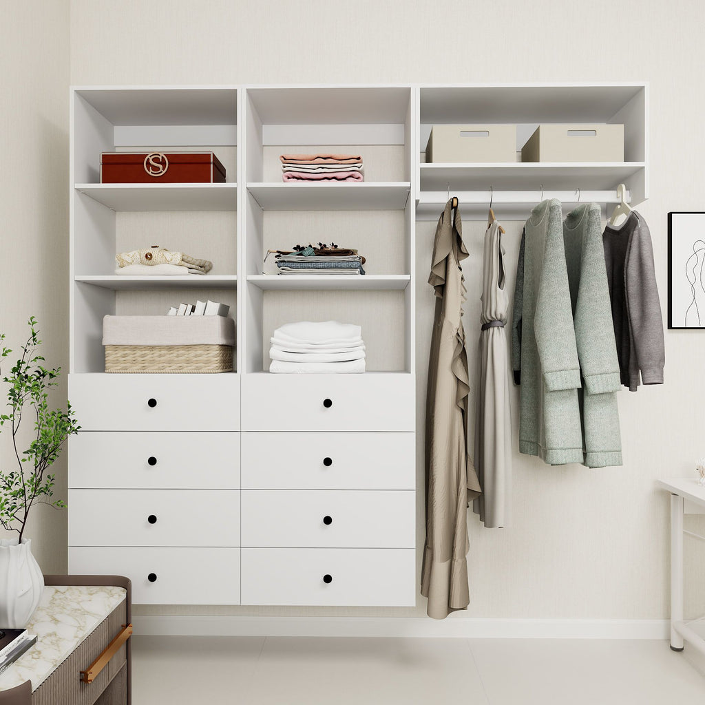 Freestanding White Wardrobe Closet with Spacious Shelves and Hanging Rods