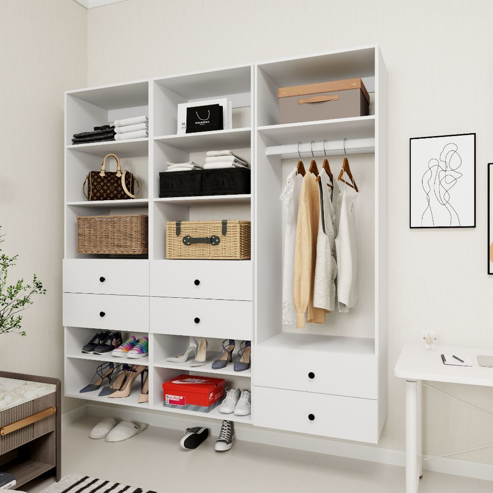Freestanding White Wardrobe Closet with Spacious Shelves and Hanging Rods