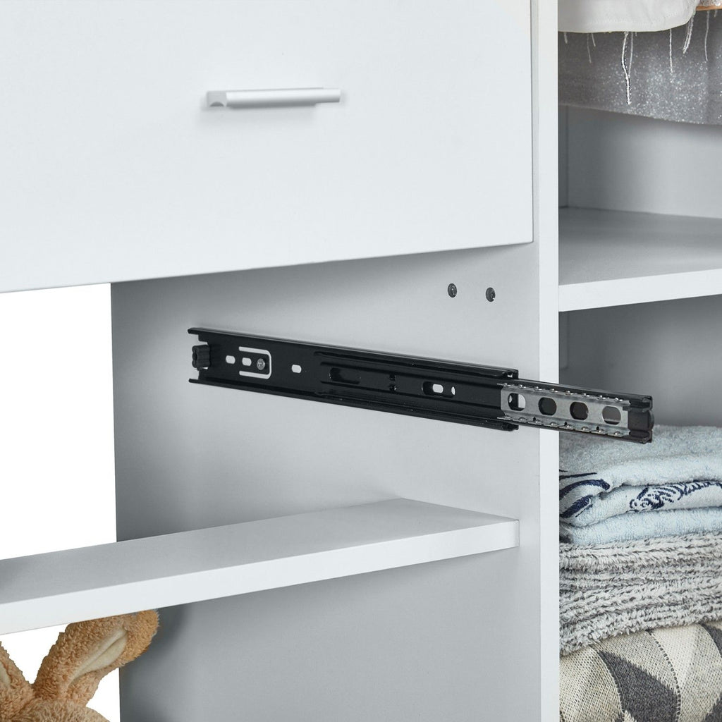 Freestanding White Wardrobe Closet with Spacious Shelves and Hanging Rods