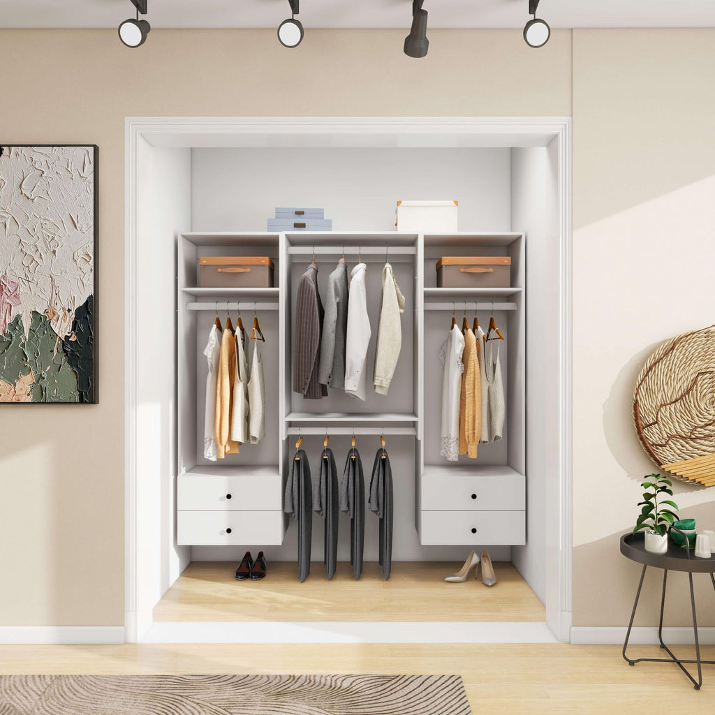 Freestanding White Wardrobe Closet with Spacious Shelves and Hanging Rods