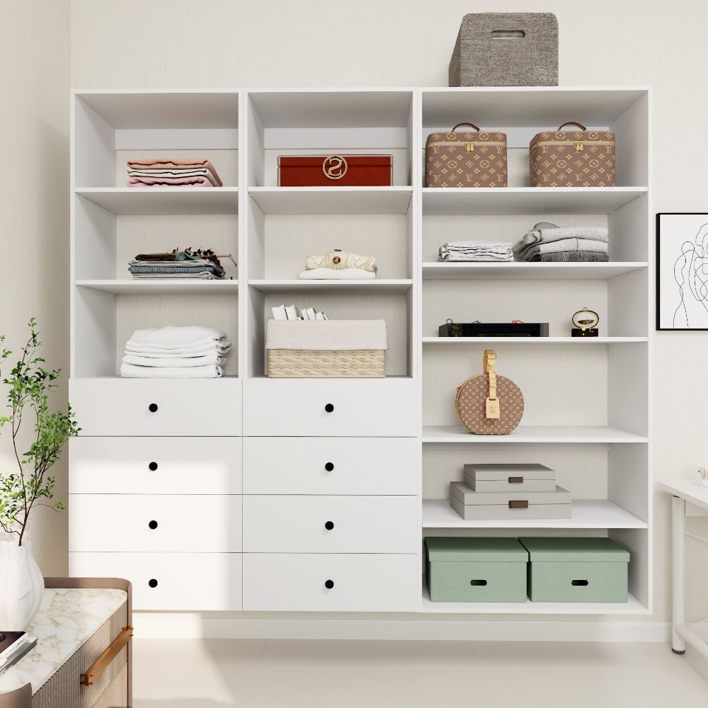 Freestanding White Wardrobe Closet with Spacious Shelves and Hanging Rods