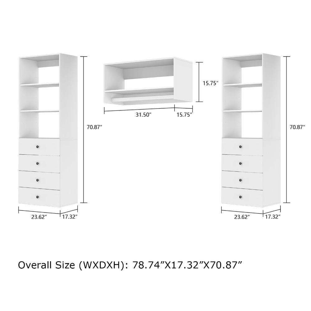 Freestanding White Wardrobe Closet with Spacious Shelves and Hanging Rods