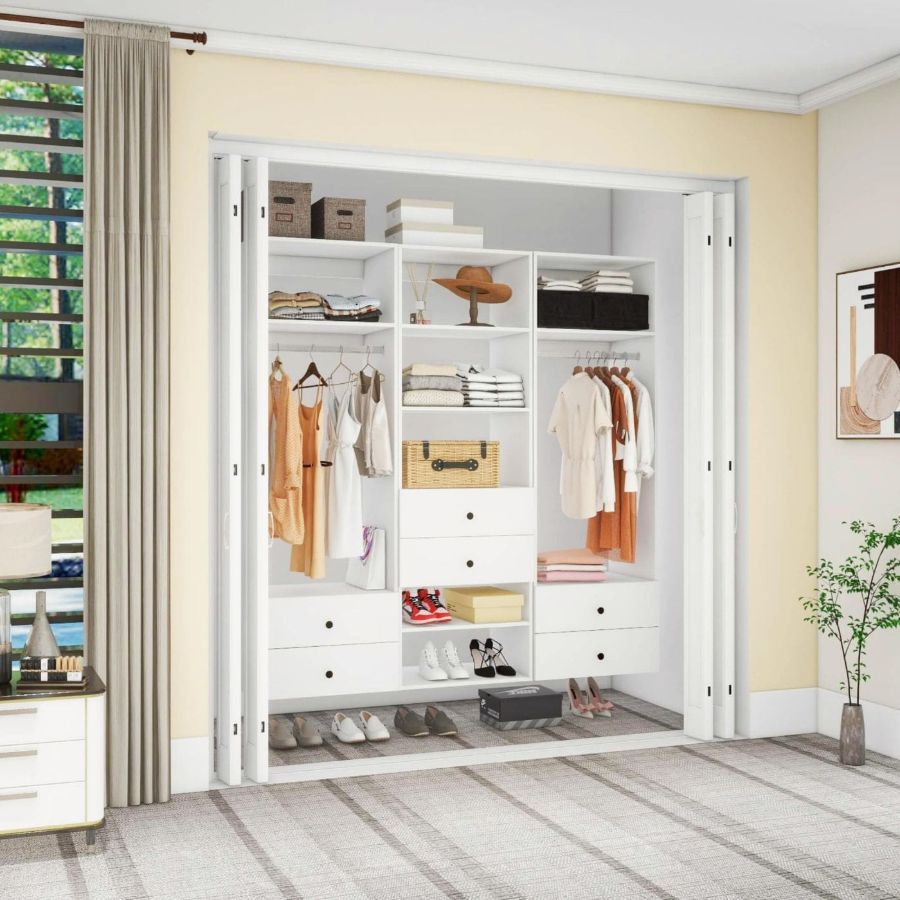 Freestanding White Wardrobe Closet with Spacious Shelves and Hanging Rods