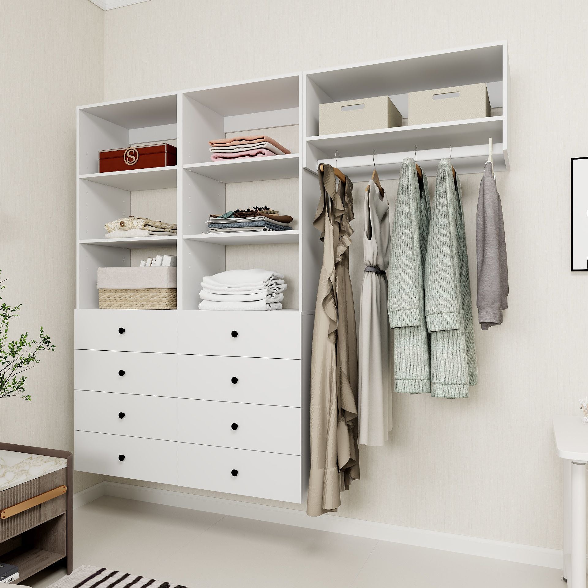 Freestanding White Wardrobe Closet with Spacious Shelves and Hanging Rods