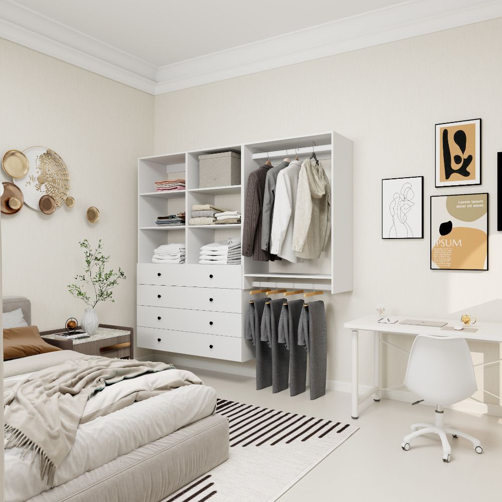 Freestanding White Wardrobe Closet with Spacious Shelves and Hanging Rods