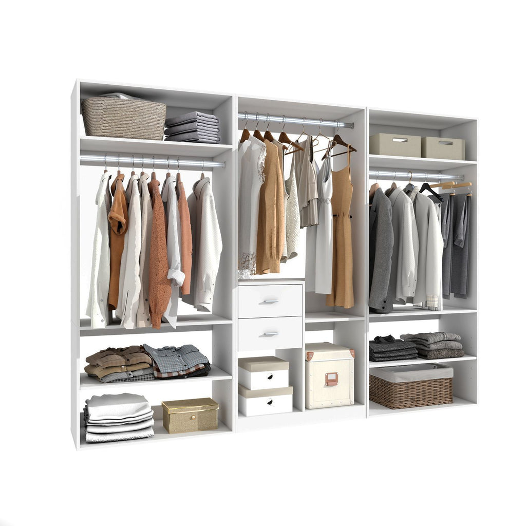 Freestanding White Wardrobe Closet with Spacious Shelves and Hanging Rods