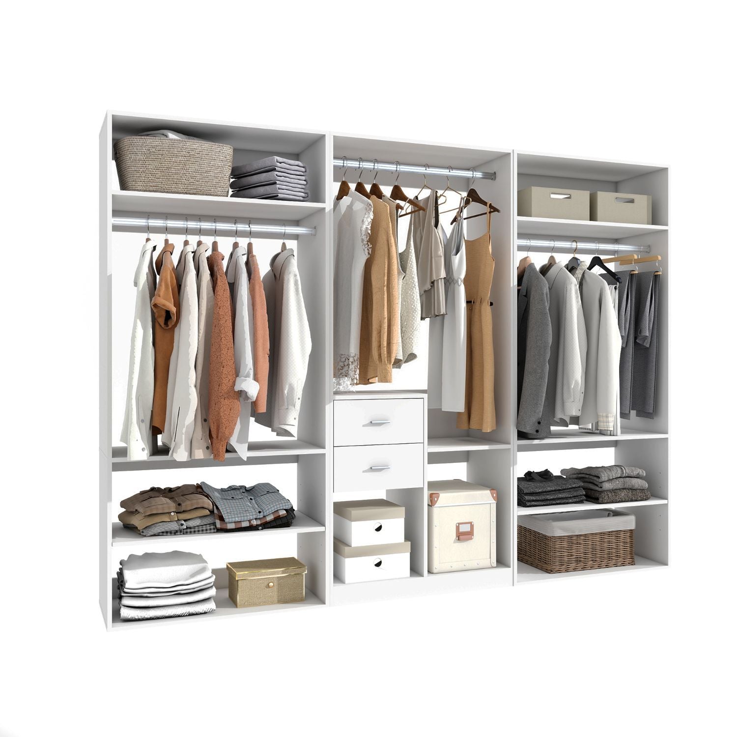 Freestanding White Wardrobe Closet with Spacious Shelves and Hanging Rods