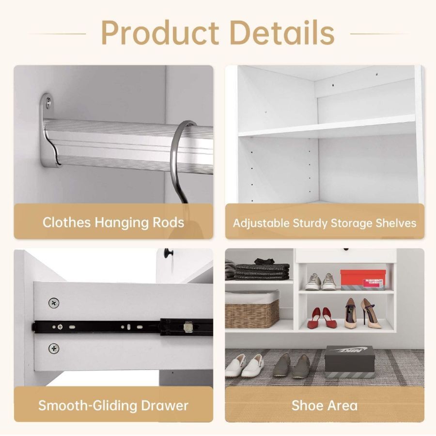 Freestanding White Wardrobe Closet with Spacious Shelves and Hanging Rods