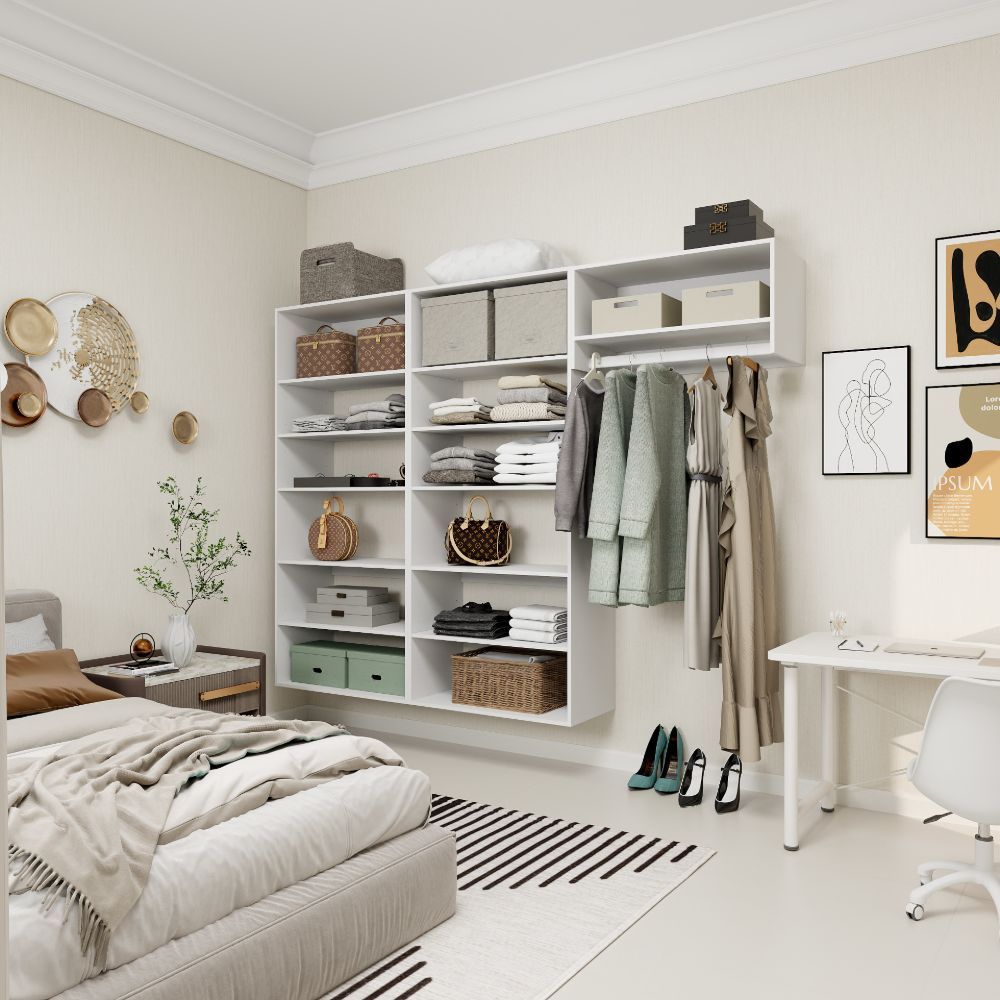 Freestanding White Wardrobe Closet with Spacious Shelves and Hanging Rods