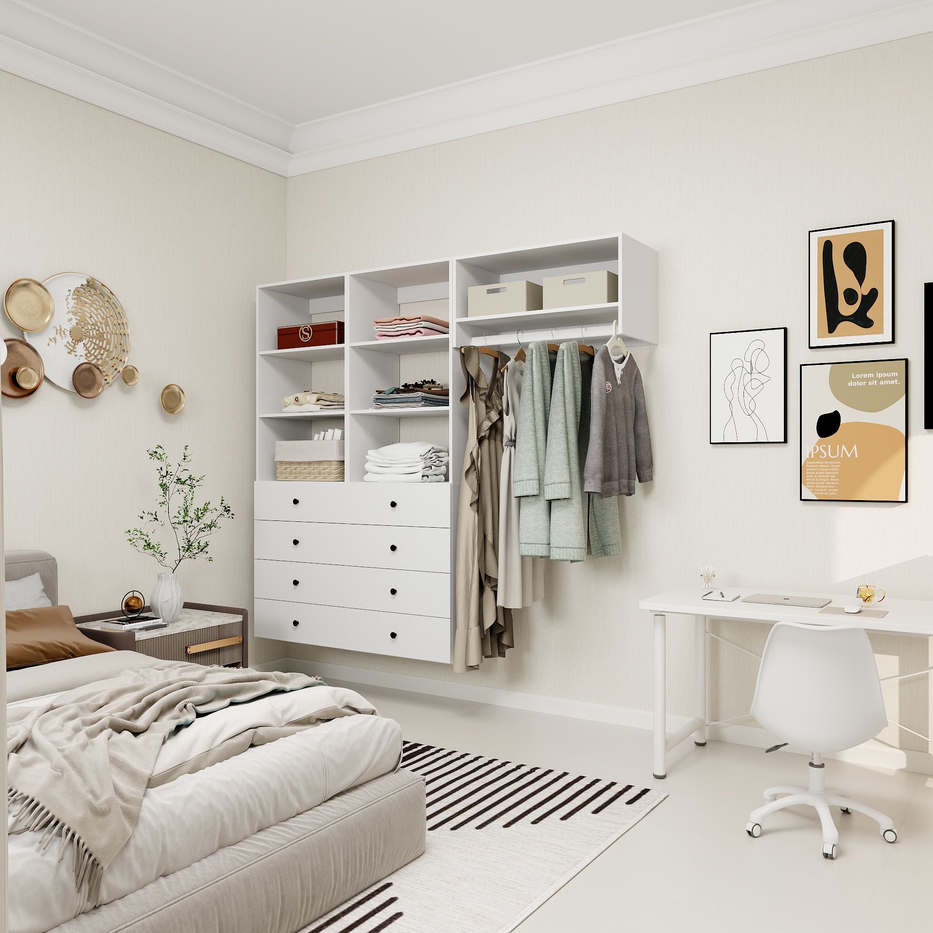 Freestanding White Wardrobe Closet with Spacious Shelves and Hanging Rods