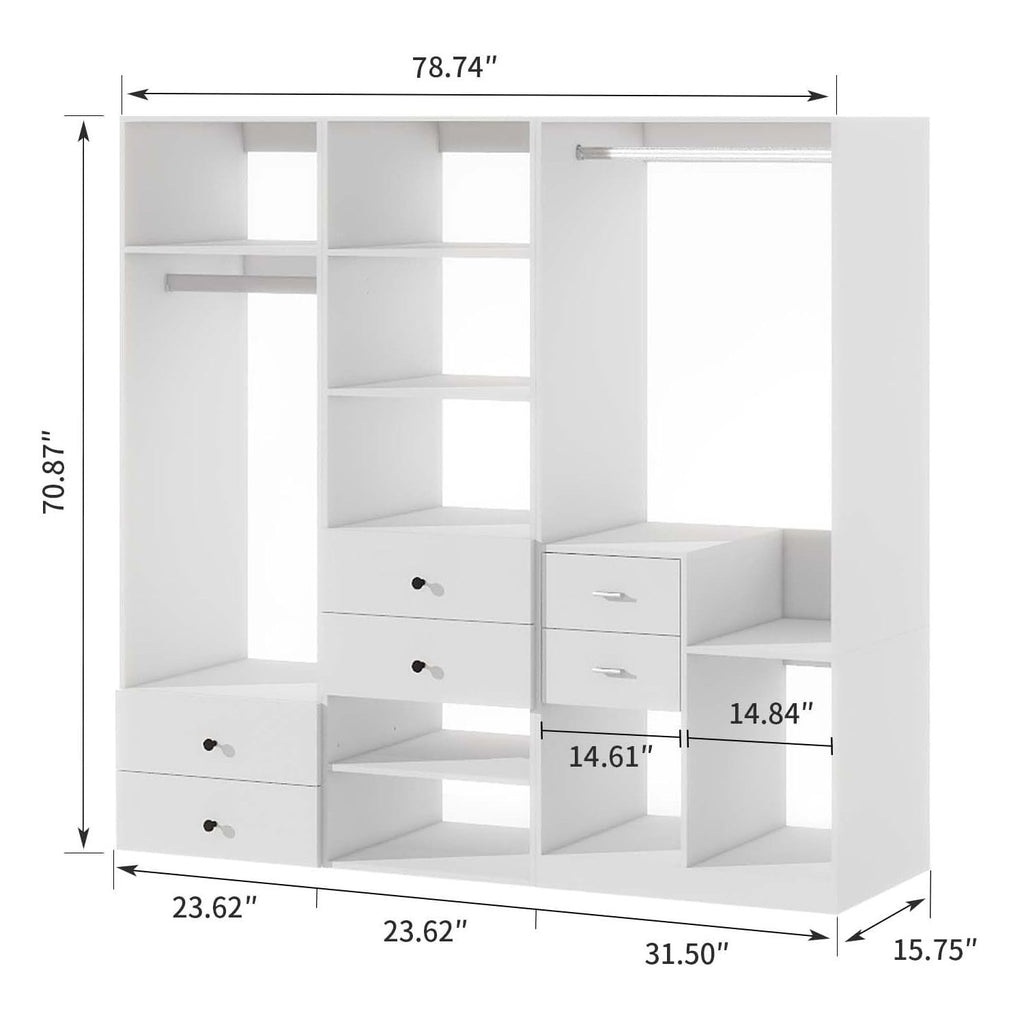 Freestanding White Wardrobe Closet with Spacious Shelves and Hanging Rods