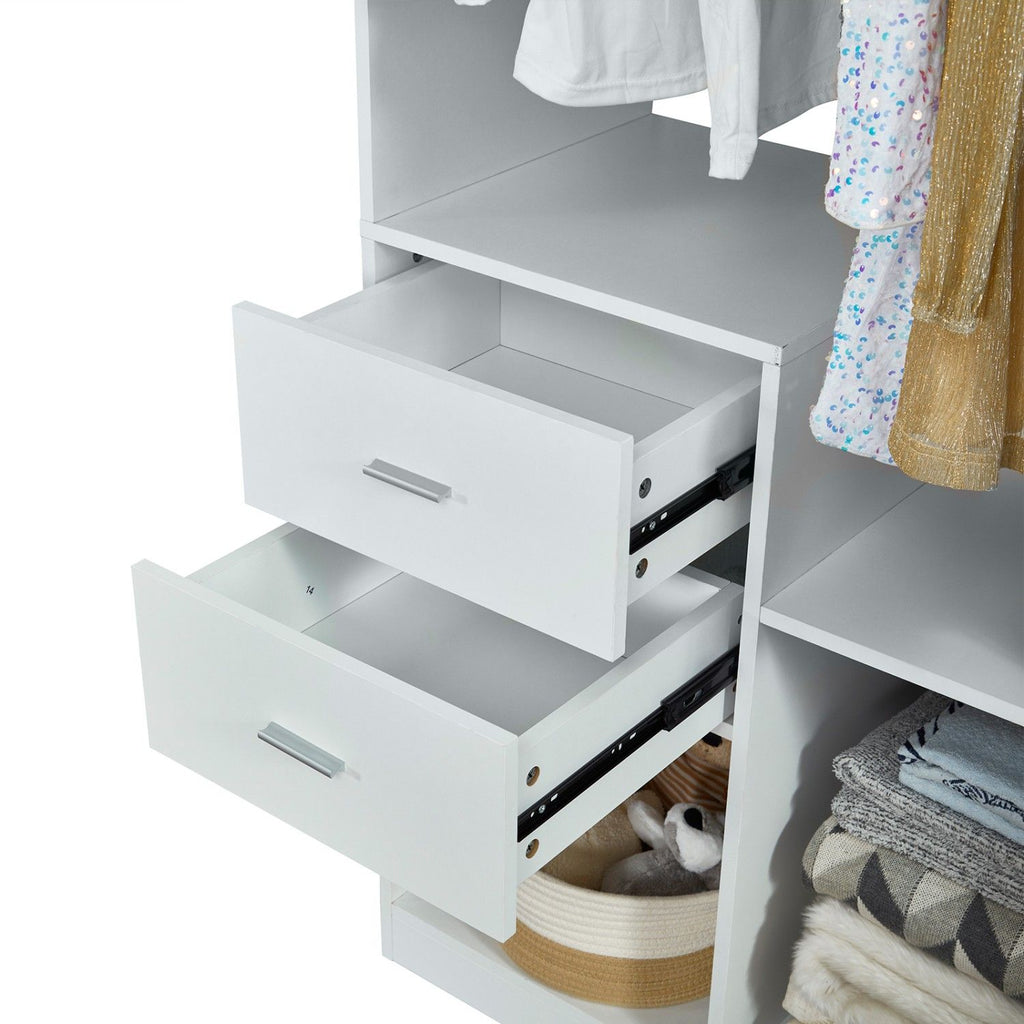 Freestanding White Wardrobe Closet with Spacious Shelves and Hanging Rods