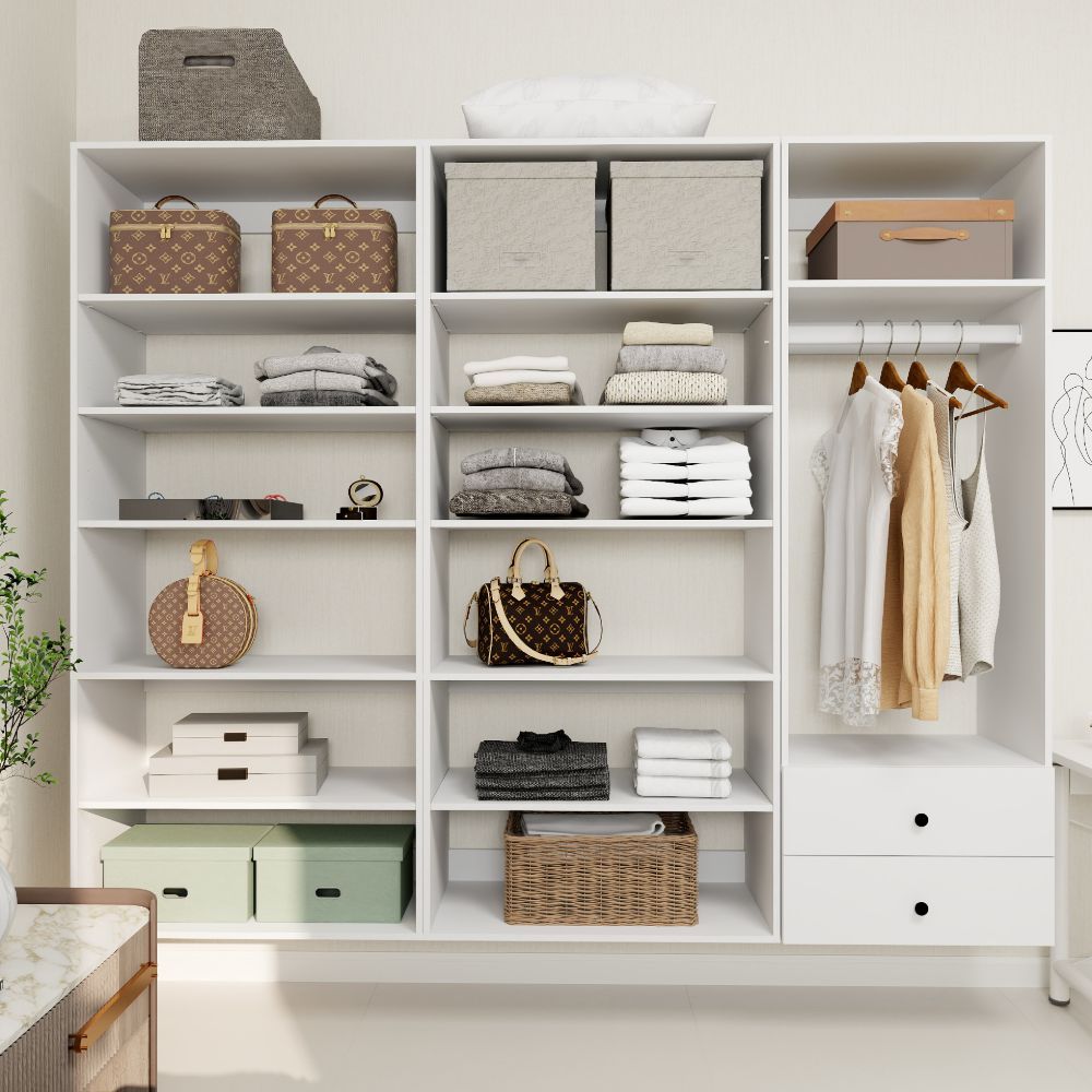 Freestanding White Wardrobe Closet with Spacious Shelves and Hanging Rods