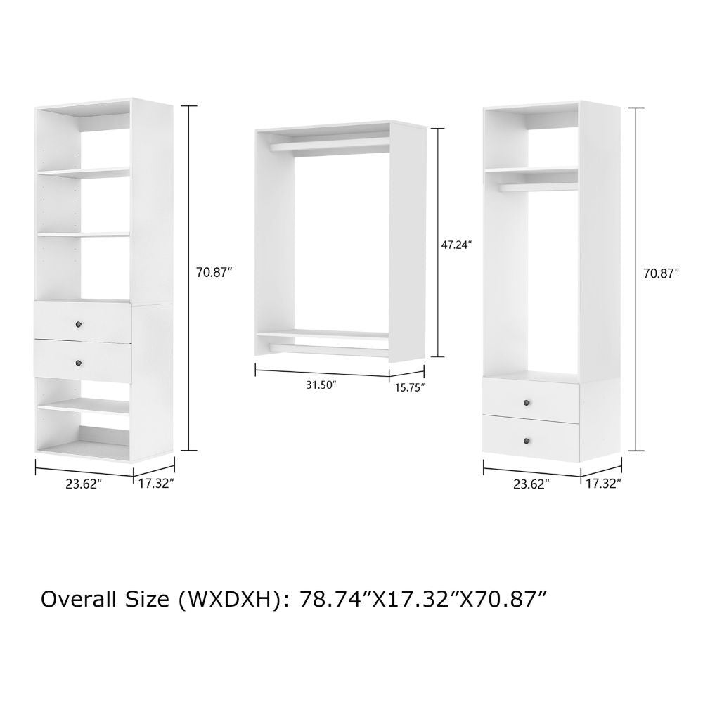 Freestanding White Wardrobe Closet with Spacious Shelves and Hanging Rods