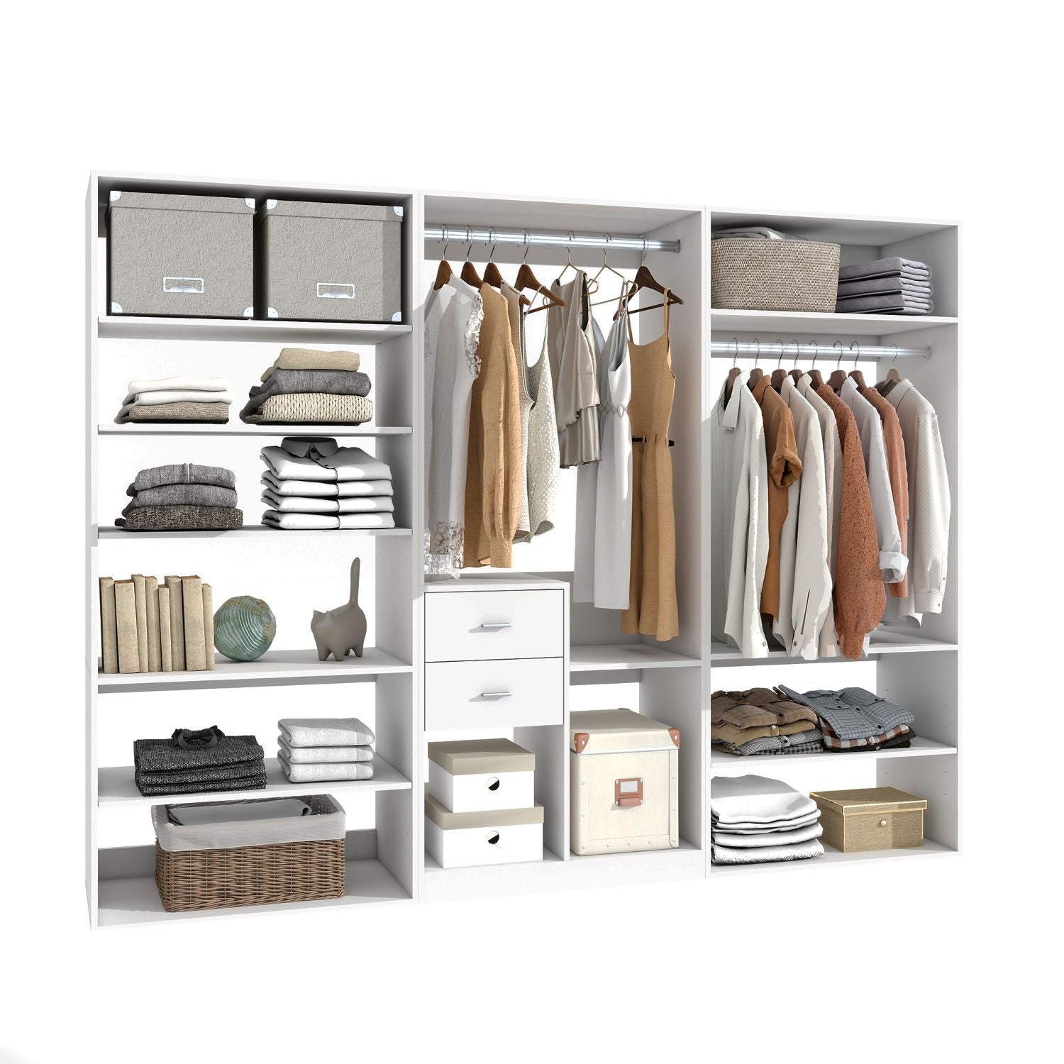 Freestanding White Wardrobe Closet with Spacious Shelves and Hanging Rods