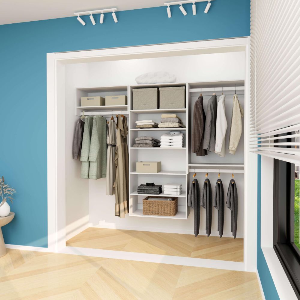 Freestanding White Wardrobe Closet with Spacious Shelves and Hanging Rods
