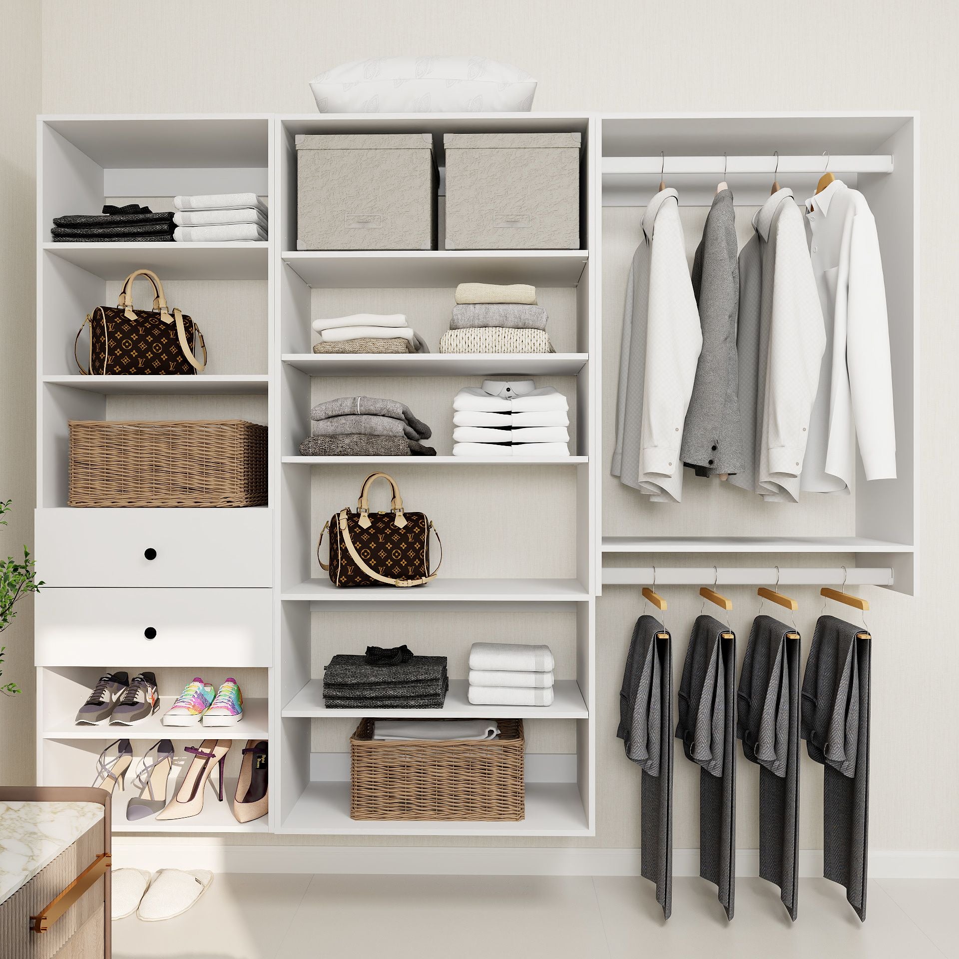 Freestanding White Wardrobe Closet with Spacious Shelves and Hanging Rods