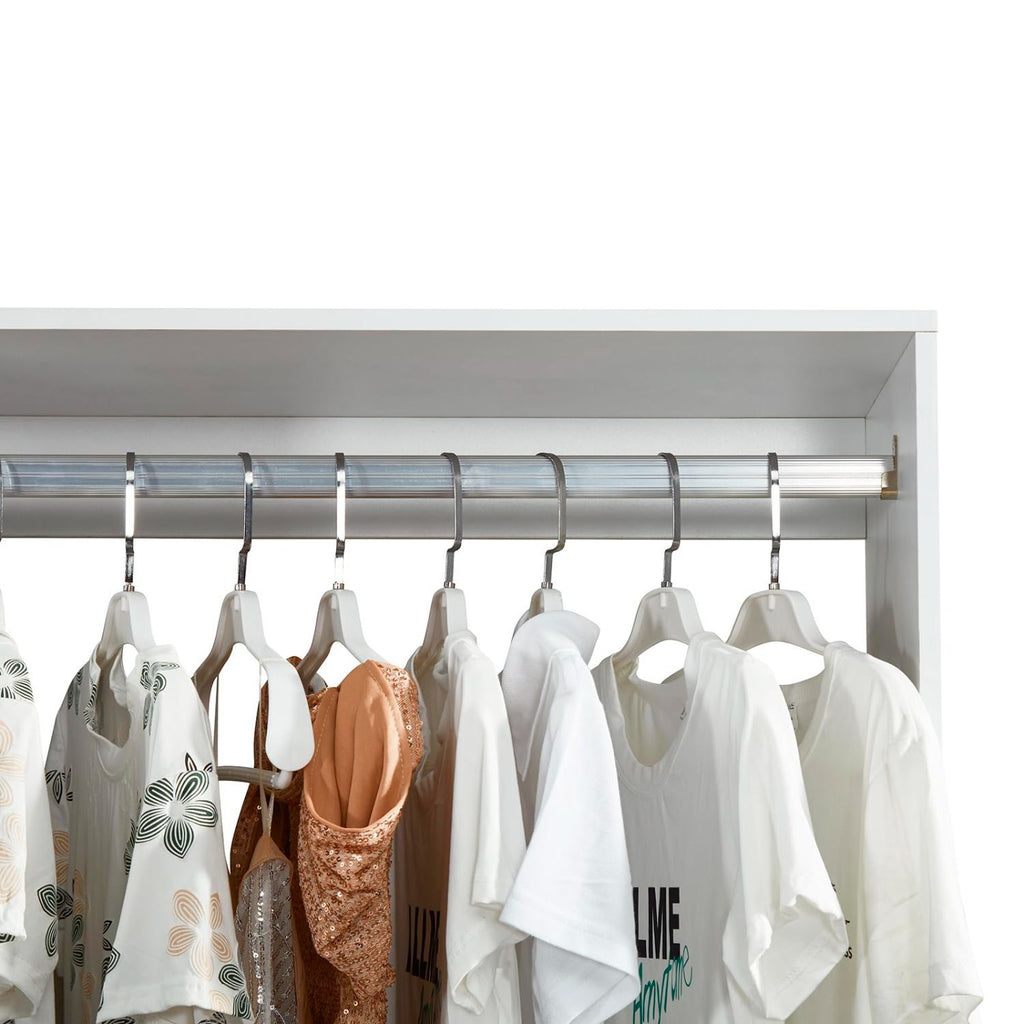 Freestanding White Wardrobe Closet with Spacious Shelves and Hanging Rods