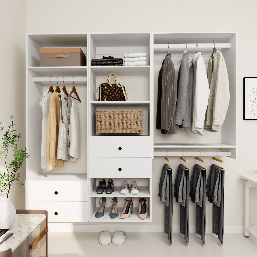 Freestanding White Wardrobe Closet with Spacious Shelves and Hanging Rods