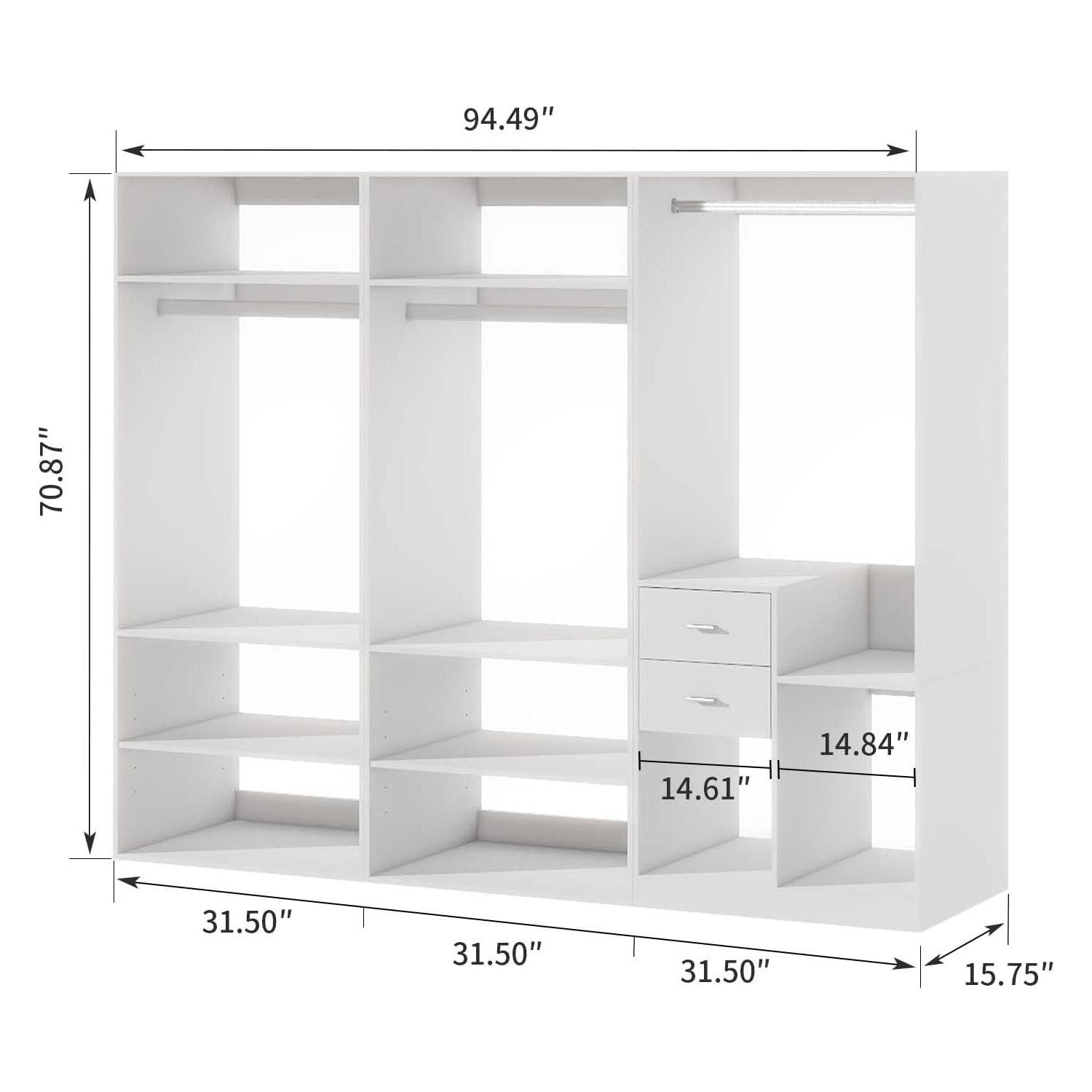 Freestanding White Wardrobe Closet with Spacious Shelves and Hanging Rods