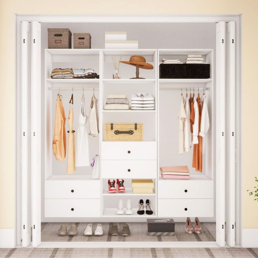 Freestanding White Wardrobe Closet with Spacious Shelves and Hanging Rods