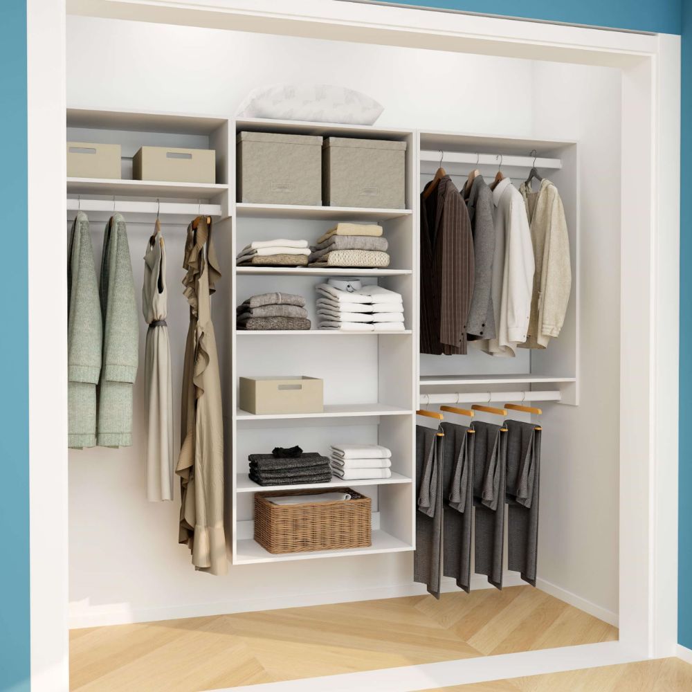 Freestanding White Wardrobe Closet with Spacious Shelves and Hanging Rods
