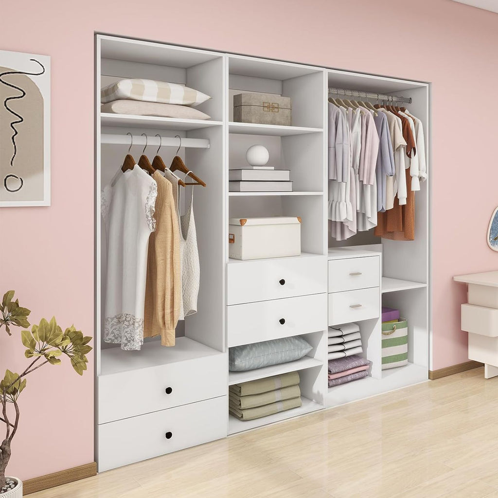 Freestanding White Wardrobe Closet with Spacious Shelves and Hanging Rods