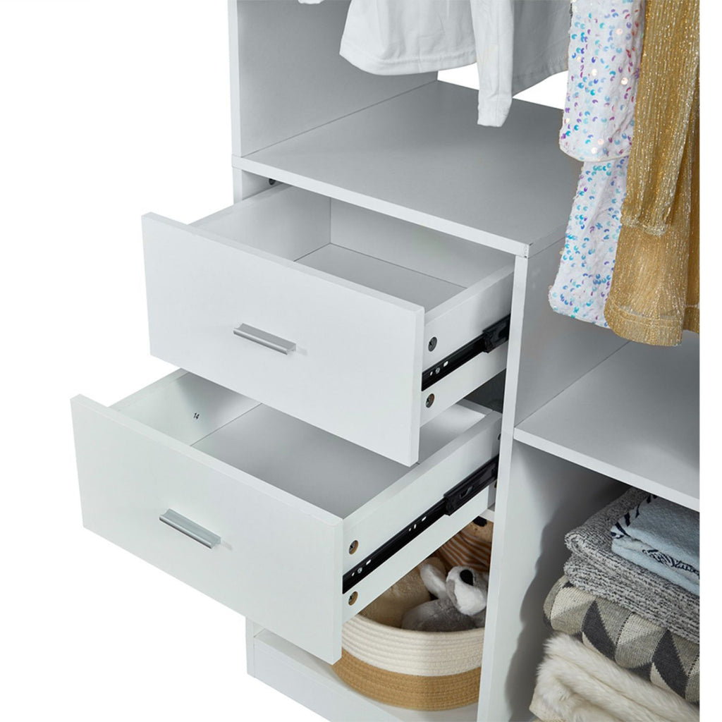 Freestanding White Wardrobe Closet with Spacious Shelves and Hanging Rods