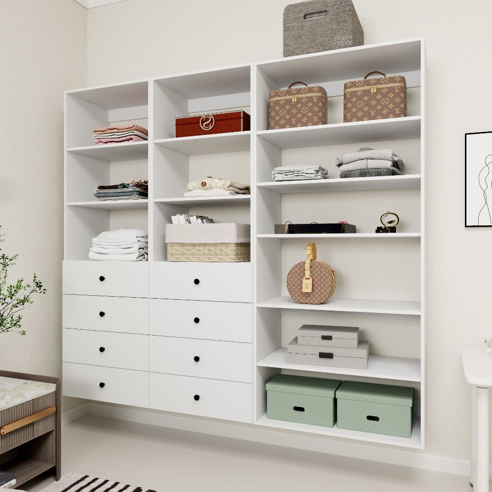 Freestanding White Wardrobe Closet with Spacious Shelves and Hanging Rods
