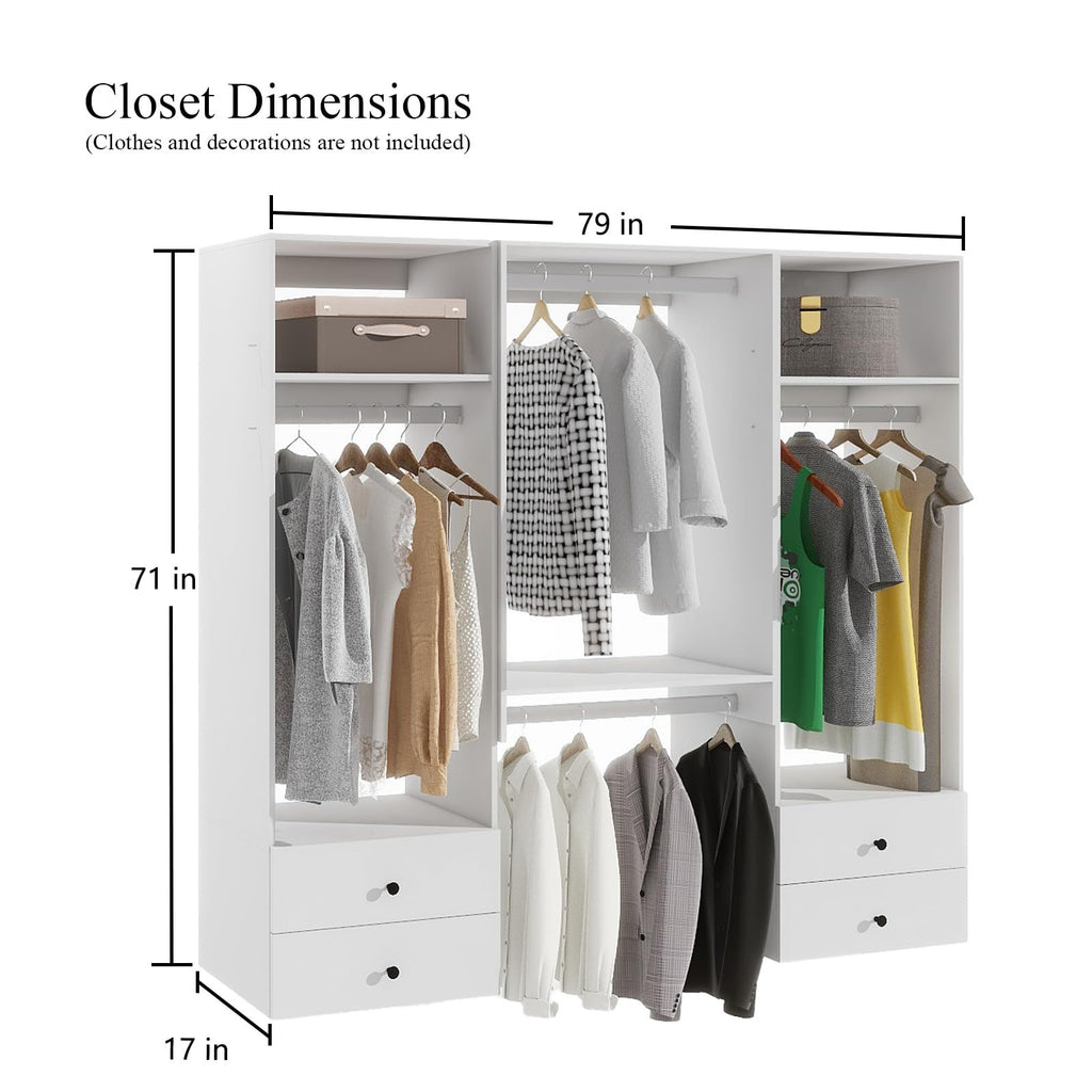 Freestanding White Wardrobe Closet with Spacious Shelves and Hanging Rods