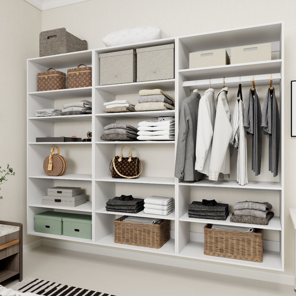 Freestanding White Wardrobe Closet with Spacious Shelves and Hanging Rods